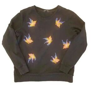 𝅺Max Girl's Black Embroidered Birds Sweatshirt